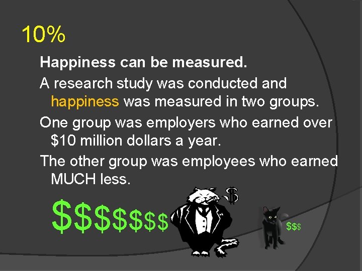 10% Happiness can be measured. A research study was conducted and happiness was measured