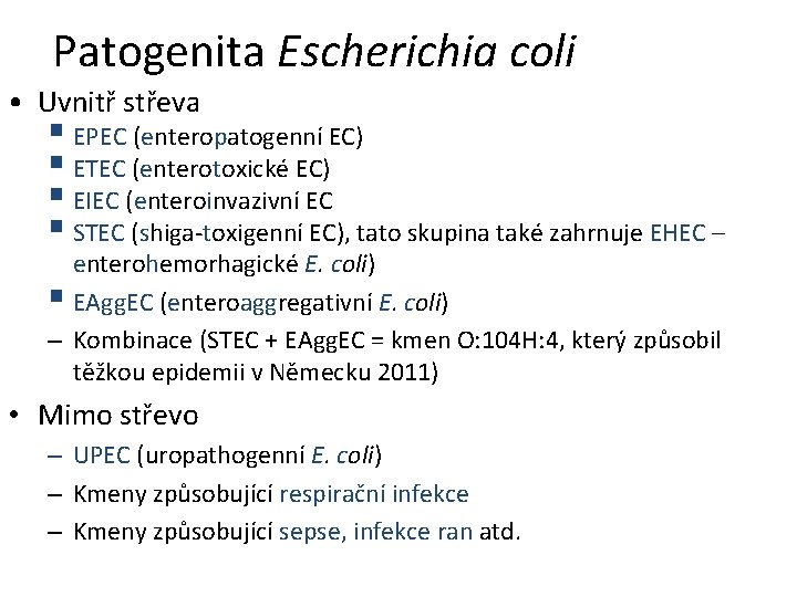 Patogenita Escherichia coli • Uvnitř střeva § EPEC (enteropatogenní EC) § ETEC (enterotoxické EC)