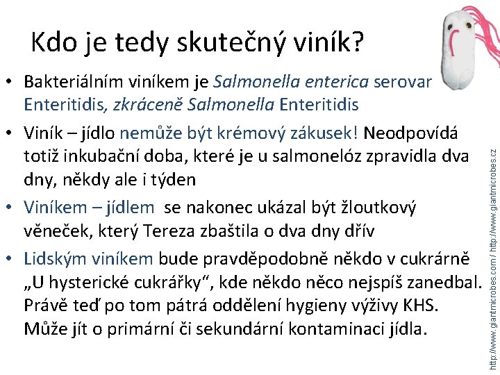  • Bakteriálním viníkem je Salmonella enterica serovar Enteritidis, zkráceně Salmonella Enteritidis • Viník