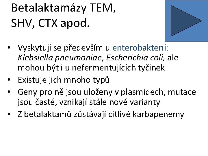 Betalaktamázy TEM, SHV, CTX apod. • Vyskytují se především u enterobakterií: Klebsiella pneumoniae, Escherichia