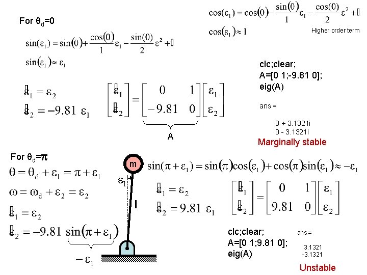 For θd=0 Higher order term clc; clear; A=[0 1; -9. 81 0]; eig(A) ans