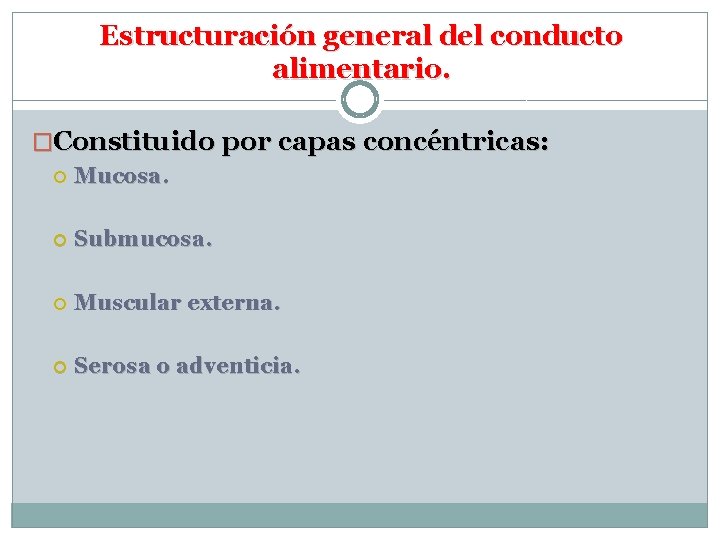 Estructuración general del conducto alimentario. �Constituido por capas concéntricas: Mucosa. Submucosa. Muscular externa. Serosa