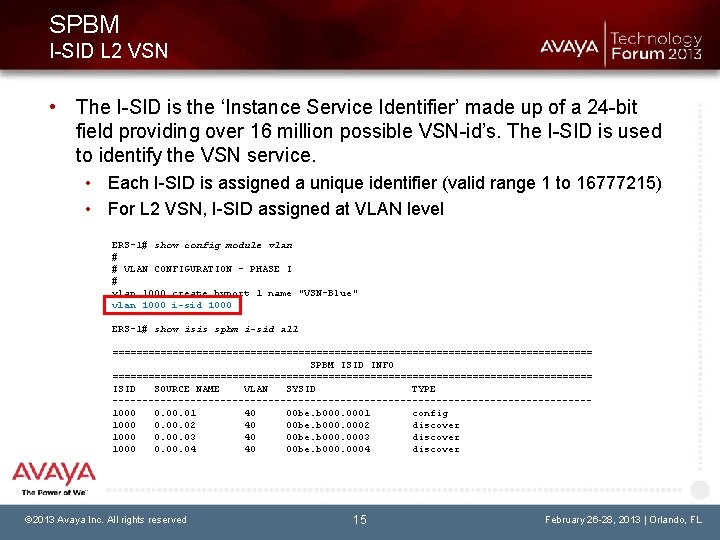 SPBM I-SID L 2 VSN • The I-SID is the ‘Instance Service Identifier’ made