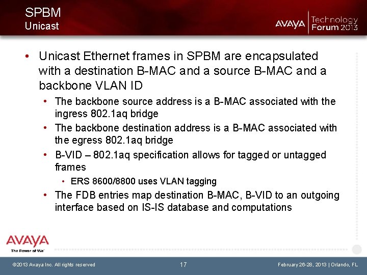 SPBM Unicast • Unicast Ethernet frames in SPBM are encapsulated with a destination B-MAC