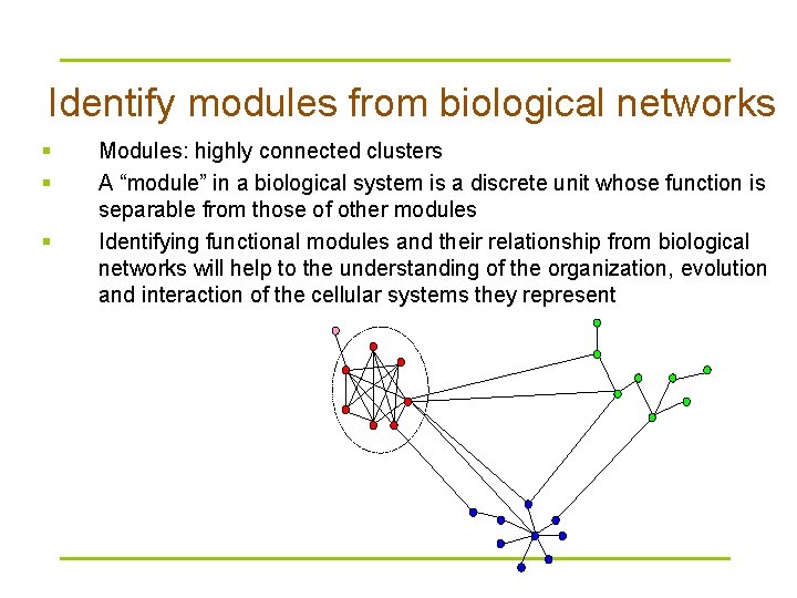 Identify modules from biological networks § § § Modules: highly connected clusters A “module”