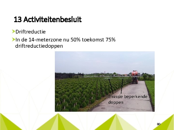 13 Activiteitenbesluit Driftreductie In de 14 -meterzone nu 50% toekomst 75% driftreductiedoppen Emissie beperkende