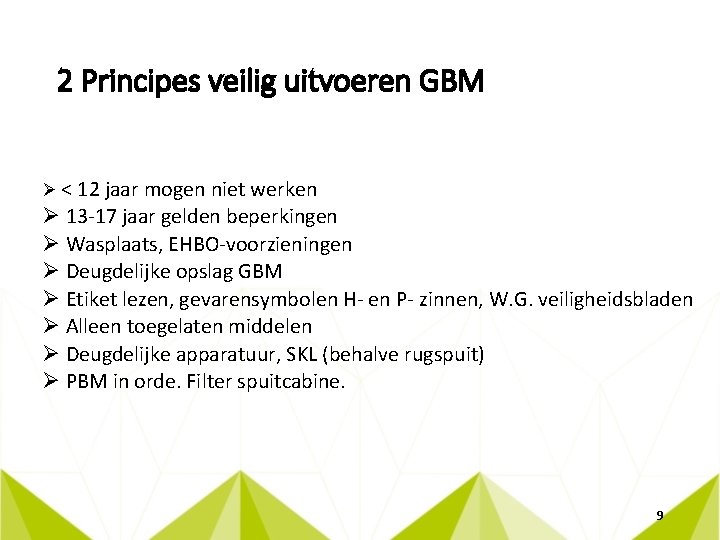 2 Principes veilig uitvoeren GBM Ø < 12 jaar mogen niet werken Ø 13