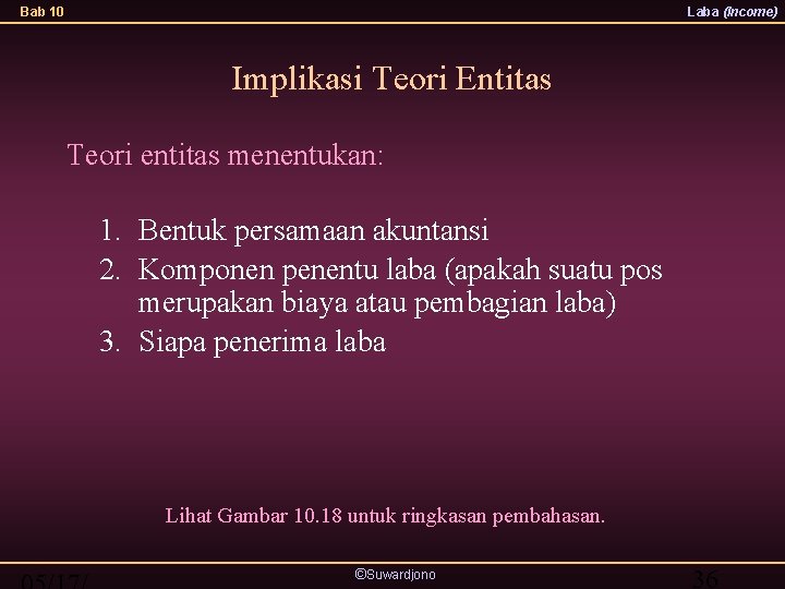 Bab 10 Laba (Income) Implikasi Teori Entitas Teori entitas menentukan: 1. Bentuk persamaan akuntansi