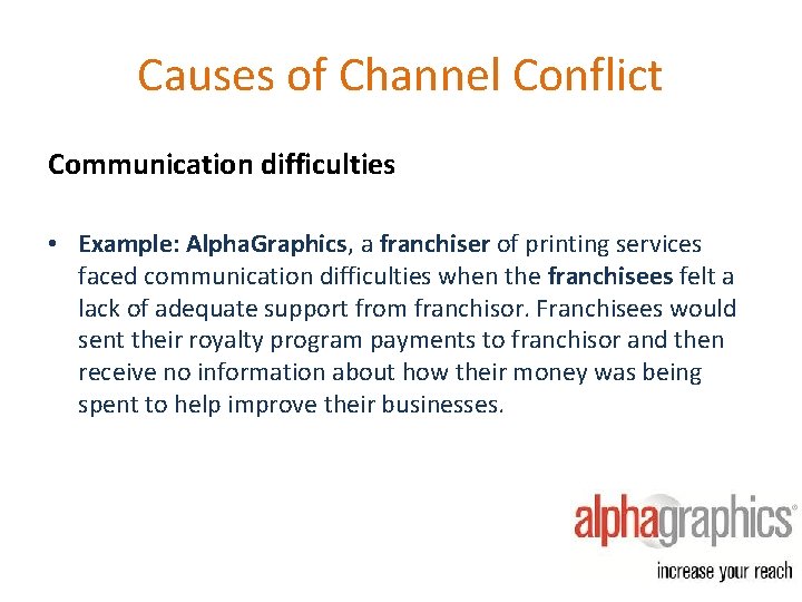 Causes of Channel Conflict Communication difficulties • Example: Alpha. Graphics, a franchiser of printing