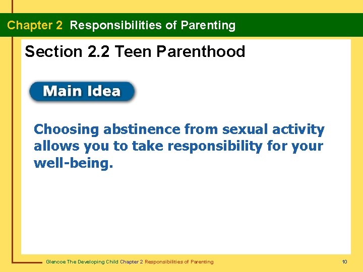  Chapter 2 Responsibilities of Parenting Section 2. 2 Teen Parenthood Choosing abstinence from