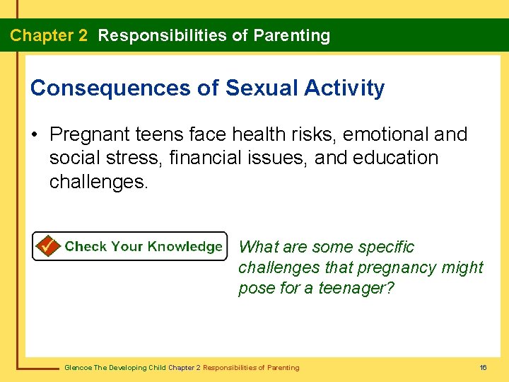  Chapter 2 Responsibilities of Parenting Consequences of Sexual Activity • Pregnant teens face