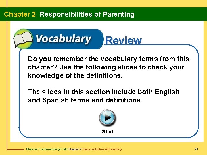  Chapter 2 Responsibilities of Parenting Review Do you remember the vocabulary terms from