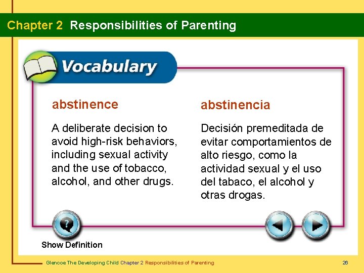  Chapter 2 Responsibilities of Parenting abstinence abstinencia A deliberate decision to avoid high-risk