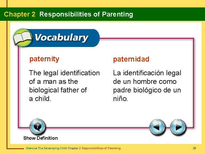  Chapter 2 Responsibilities of Parenting paternity paternidad The legal identification of a man