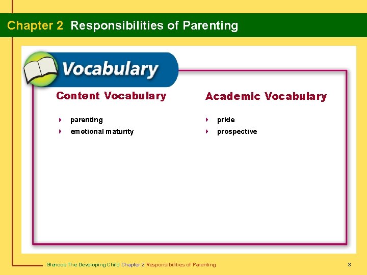  Chapter 2 Responsibilities of Parenting Content Vocabulary Academic Vocabulary parenting pride emotional maturity