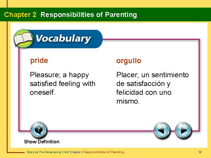  Chapter 2 Responsibilities of Parenting pride orgullo Pleasure; a happy satisfied feeling with