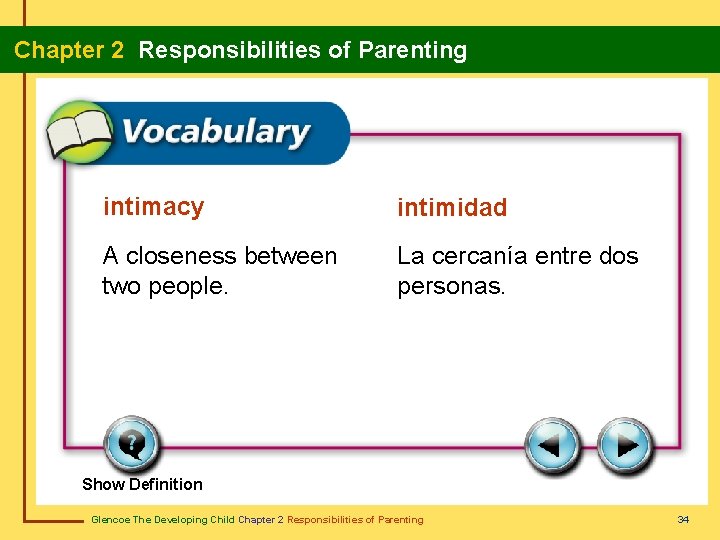  Chapter 2 Responsibilities of Parenting intimacy intimidad A closeness between two people. La