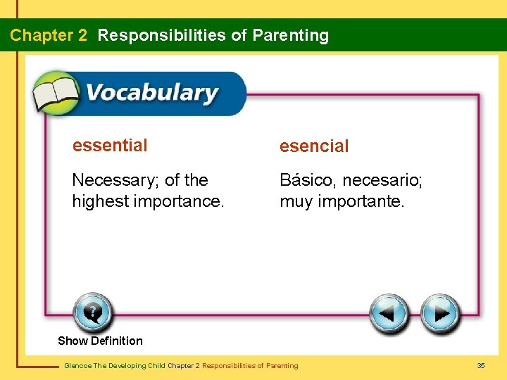  Chapter 2 Responsibilities of Parenting essential esencial Necessary; of the highest importance. Básico,