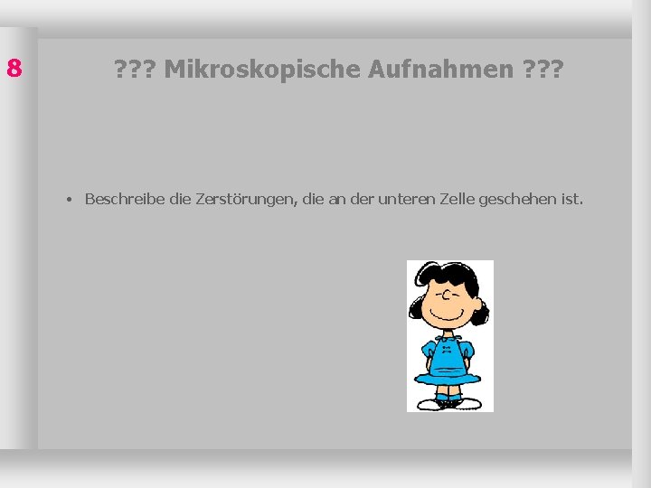 8 ? ? ? Mikroskopische Aufnahmen ? ? ? • Beschreibe die Zerstörungen, die