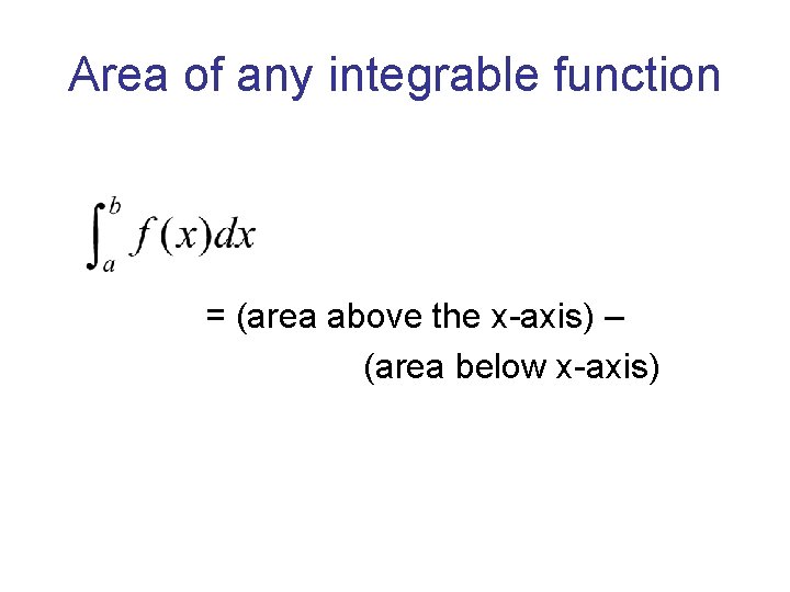 Area of any integrable function = (area above the x-axis) – (area below x-axis)