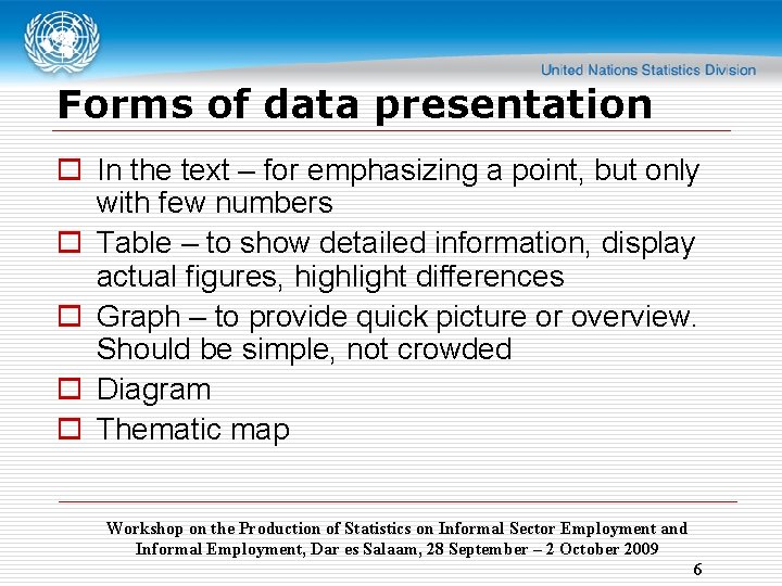 Forms of data presentation o In the text – for emphasizing a point, but