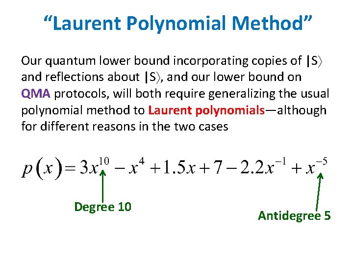 “Laurent Polynomial Method” Our quantum lower bound incorporating copies of |S and reflections about