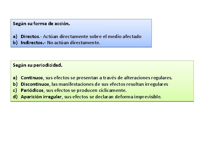 Según su forma de acción. a) Directos. - Actúan directamente sobre el medio afectado