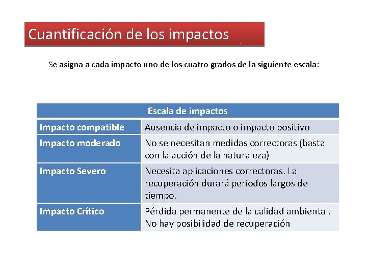 Cuantificación de los impactos Se asigna a cada impacto uno de los cuatro grados