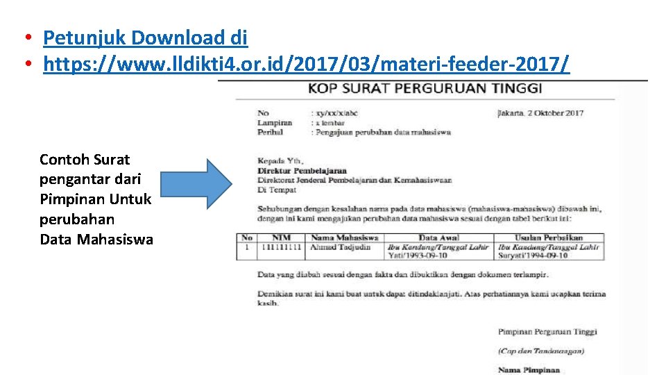  • Petunjuk Download di • https: //www. lldikti 4. or. id/2017/03/materi-feeder-2017/ Contoh Surat