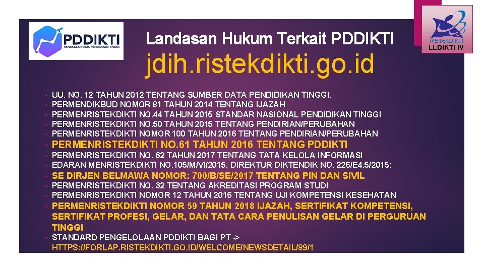 Landasan Hukum Terkait PDDIKTI jdih. ristekdikti. go. id • • • UU. NO. 12