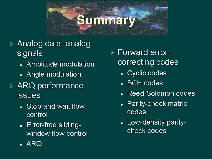 Summary Ø Analog data, analog signals l l Ø Amplitude modulation Angle modulation ARQ