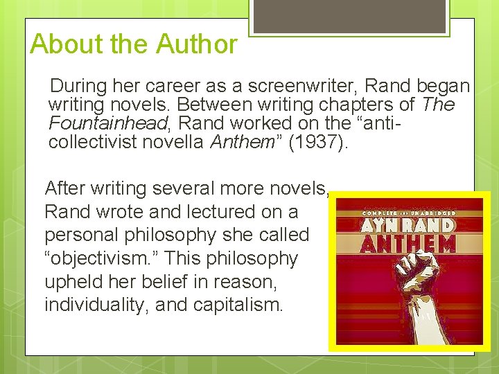 About the Author During her career as a screenwriter, Rand began writing novels. Between