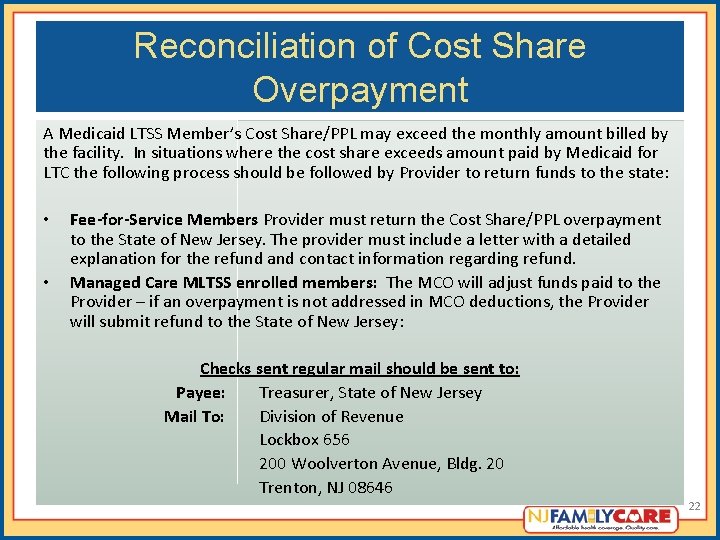 Reconciliation of Cost Share Overpayment A Medicaid LTSS Member’s Cost Share/PPL may exceed the