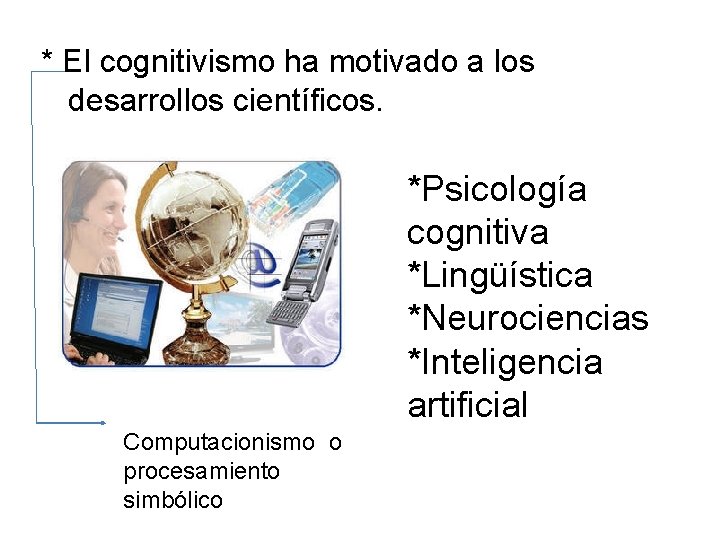 * El cognitivismo ha motivado a los desarrollos científicos. *Psicología cognitiva *Lingüística *Neurociencias *Inteligencia