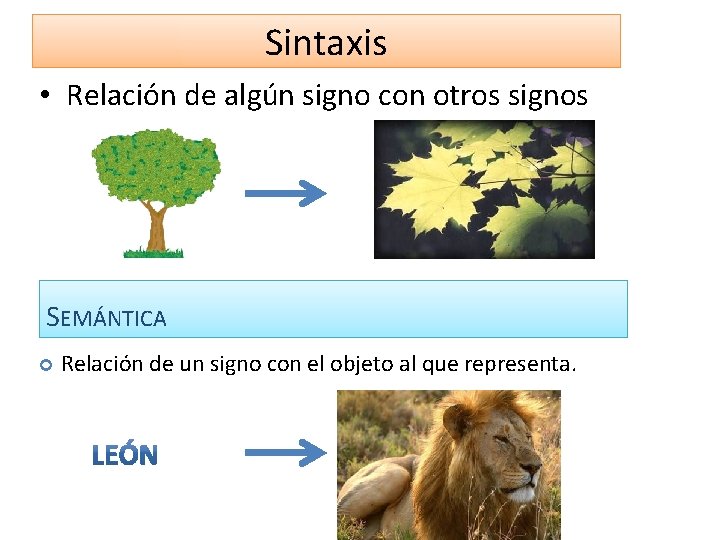 Sintaxis • Relación de algún signo con otros signos SEMÁNTICA Relación de un signo