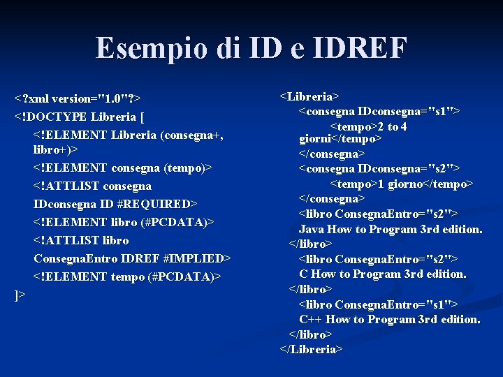 Esempio di ID e IDREF <? xml version="1. 0"? > <!DOCTYPE Libreria [ <!ELEMENT