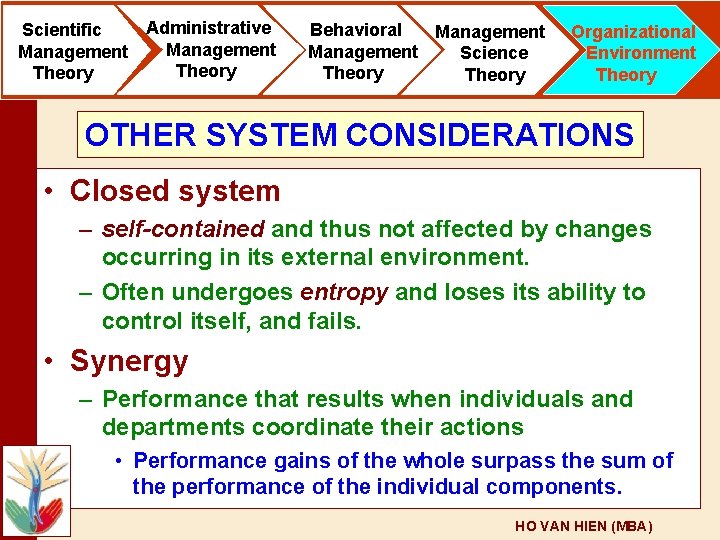 Scientific Management Theory Administrative Management Theory Behavioral Management Science Theory Organizational Environment Theory OTHER