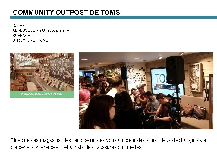 COMMUNITY OUTPOST DE TOMS DATES: ADRESSE : Etats Unis / Angleterre SURFACE : -