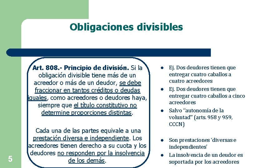 Obligaciones divisibles Art. 808. - Principio de división. Si la obligación divisible tiene más