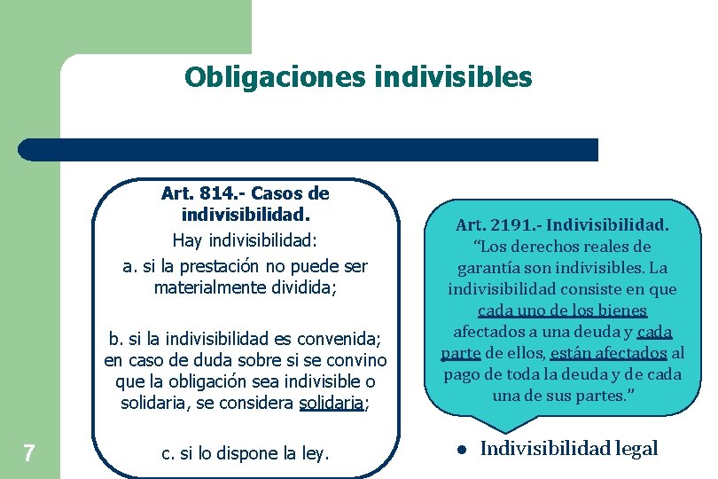 Obligaciones indivisibles Art. 814. - Casos de indivisibilidad. Hay indivisibilidad: a. si la prestación