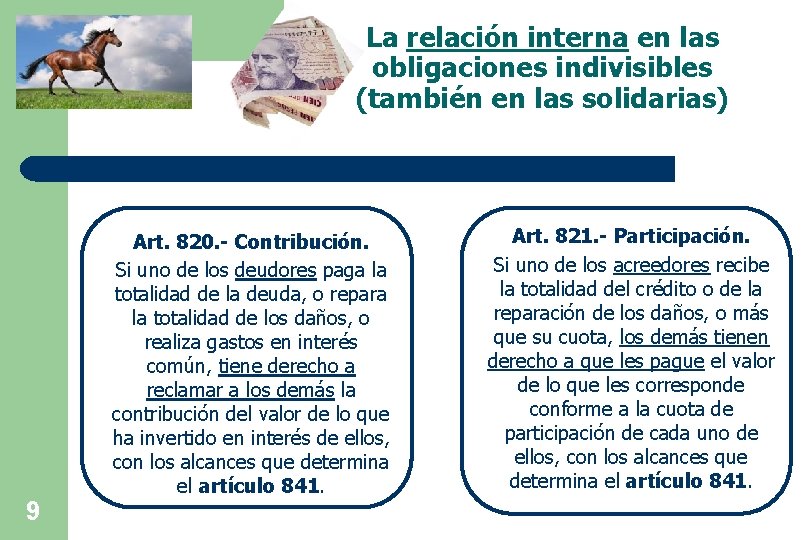La relación interna en las obligaciones indivisibles (también en las solidarias) 9 Art. 820.