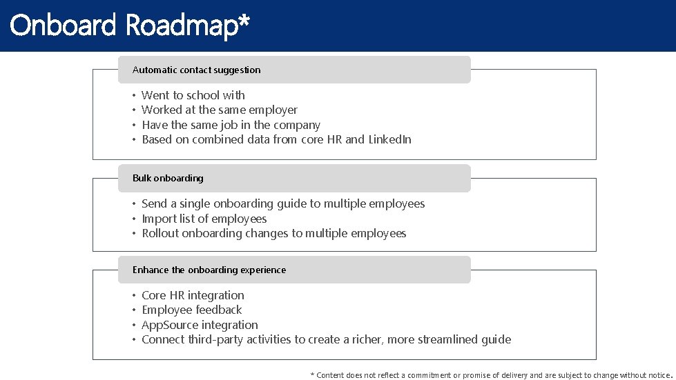 Onboard Roadmap* Automatic contact suggestion • • Went to school with Worked at the