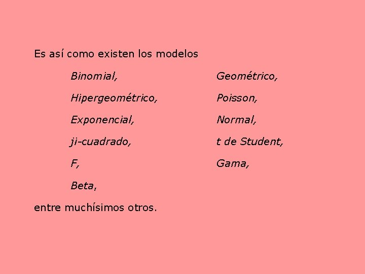 Es así como existen los modelos Binomial, Geométrico, Hipergeométrico, Poisson, Exponencial, Normal, ji-cuadrado, t