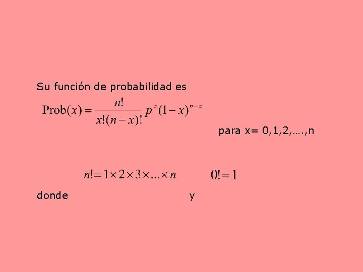 Su función de probabilidad es para x= 0, 1, 2, …. , n donde