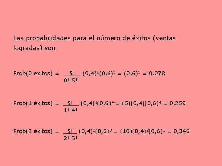 Las probabilidades para el número de éxitos (ventas logradas) son Prob(0 éxitos) = 5!