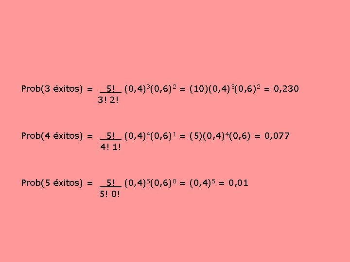 Prob(3 éxitos) = 5! (0, 4)3(0, 6)2 = (10)(0, 4)3(0, 6)2 = 0, 230