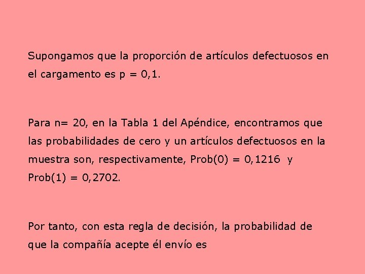 Supongamos que la proporción de artículos defectuosos en el cargamento es p = 0,