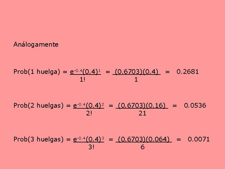 Análogamente Prob(1 huelga) = e-0. 4(0. 4)1 = (0. 6703)(0. 4) = 0. 2681