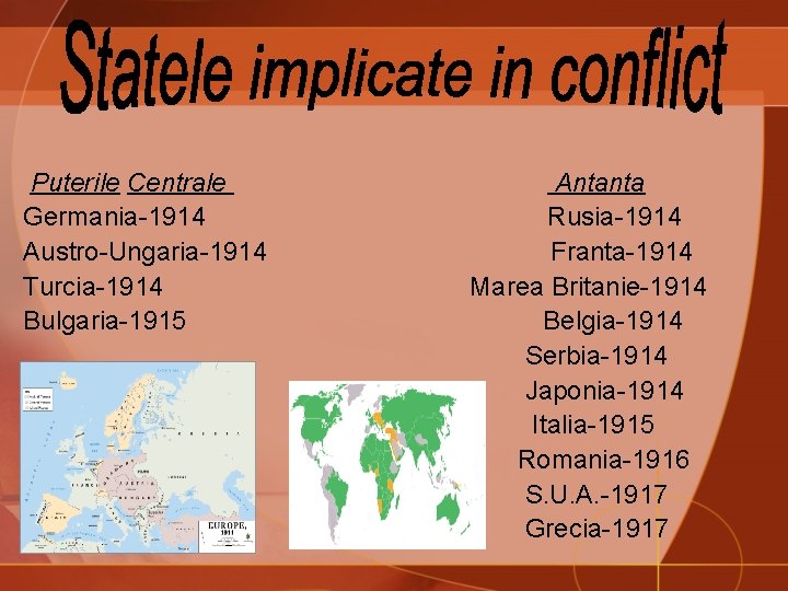 Puterile Centrale Germania-1914 Austro-Ungaria-1914 Turcia-1914 Bulgaria-1915 Antanta Rusia-1914 Franta-1914 Marea Britanie-1914 Belgia-1914 Serbia-1914 Japonia-1914