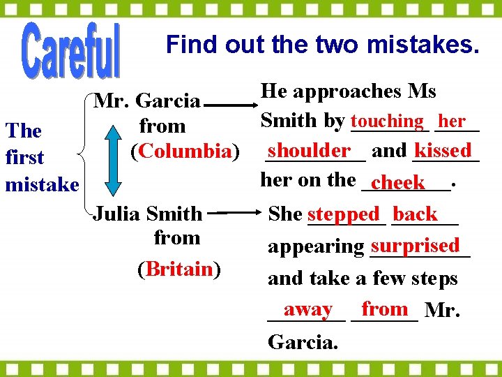 Find out the two mistakes. He approaches Ms Mr. Garcia touching her Smith by